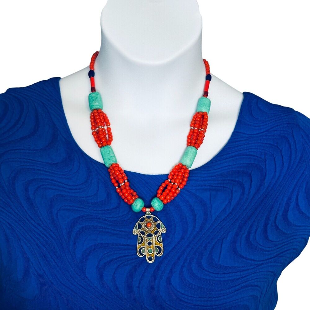 Moroccan Hand of Fatima Beaded Silver Necklace Khamsa Turquoise Orange Evil Eye